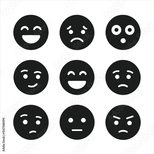 Facial Expression Icons. Solid, filled icons set of facial expressions in performance: laughing face, frown