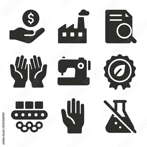 Ethical Clothing Icons. Solid, filled icons set of ethical clothing production: fair wage icon, ethical