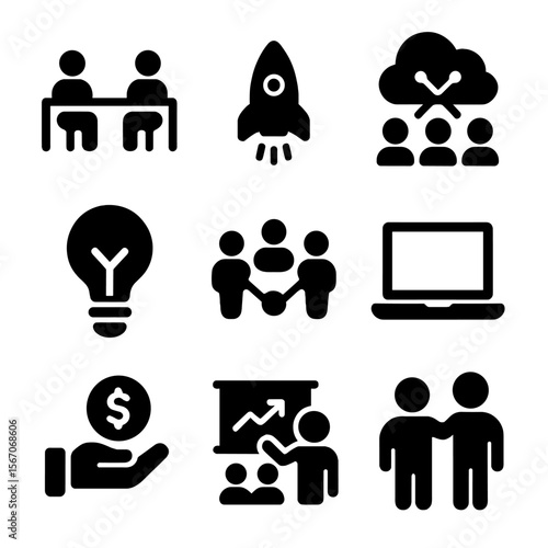 Business Innovation Icons. Solid, filled icon set of business innovation hubs: coworking space, startup rocket, brainstorming,