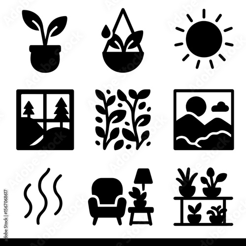 Biophilic Design Icons. Solid, filled icons set of biophilic design elements: indoor plant, hanging pot,