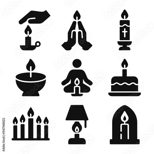 Candle Ritual Icons. Solid, filled icon set of candle-related rituals: candle lighting, prayer candle, ceremonial candle, offering