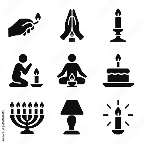 Candle Ritual Icons. Solid, filled icon set of candle-related rituals: candle lighting, prayer candle, ceremonial candle, offering