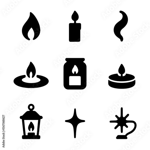Candlelight Icon Grid. Solid, filled icon set of candlelight atmosphere: flickering flame, candle wick, smoke swirl, shadow cast,