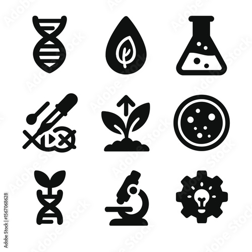 Biotech Agriculture Icons. Solid, filled icons set of biotech in agriculture: DNA strand, GMO seed, lab flask,