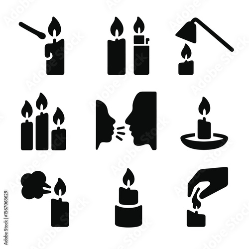 Candle Lighting Icons. Solid, filled icon set of candle lighting techniques: matchstick, lighter, candle snuffer, wick lighting,