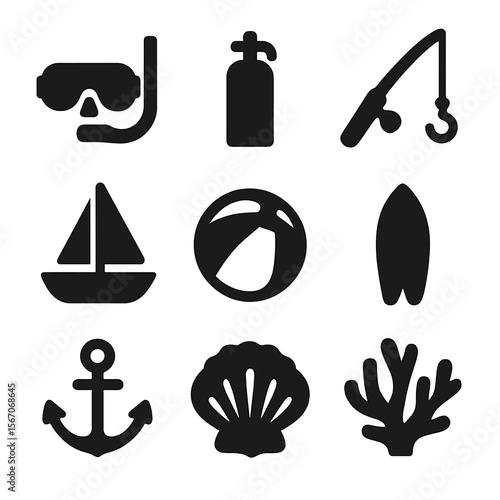 Marine Activities Icons. Solid, filled icon set of marine activities: snorkeling mask, scuba tank, fishing rod, sailboat, beach