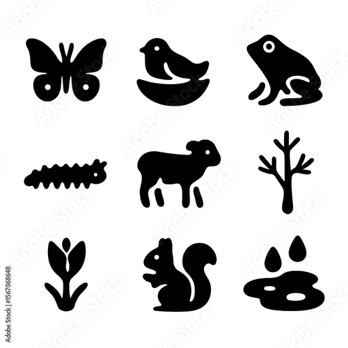 March Wildlife Icons. Solid, filled icon set of March wildlife and nature: early butterfly, nesting bird, frog, caterpillar, baby