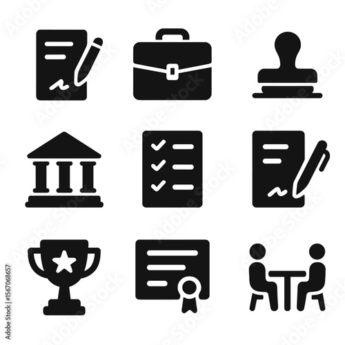 Business Trust Icons. Solid, filled icon set of trust in business: contract signing, briefcase, approval stamp, bank building,