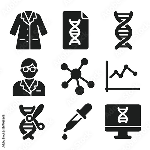 Biotechnology Icon Grid. Solid, filled icons set of biotechnology research: lab coat, research file, DNA helix