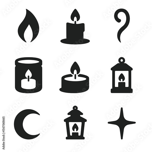 Candlelight Icon Grid. Solid, filled icon set of candlelight atmosphere: flickering flame, candle wick, smoke swirl, shadow cast,
