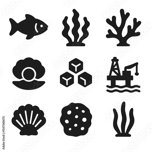 Marine Material Icons. Solid, filled icon set of marine raw materials: fish, seaweed, coral, pearl, salt crystals, oil rig, shell,