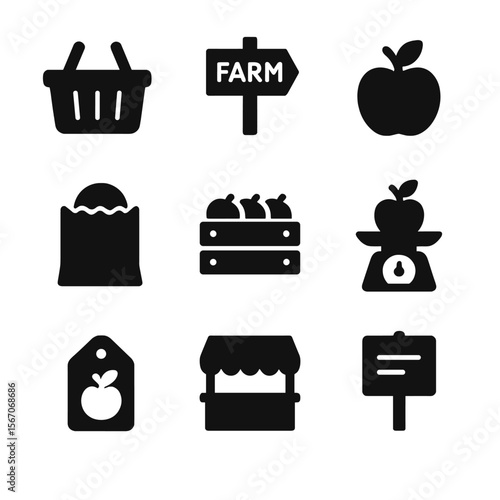Market Fruit Icons. Solid, filled icon set of market-fresh fruit bowl items: market basket, farm sign, freshly picked apple, paper