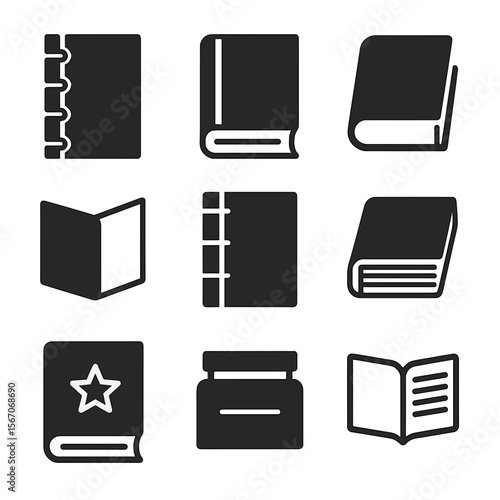 Bookbinding Icons Grid. Solid, filled icons set of bookbinding techniques: coptic stitch, case binding,