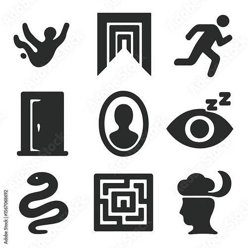 Fear Dream Symbols. Solid, filled icons set of fear in dreams and symbolism: falling man, endless hallway,