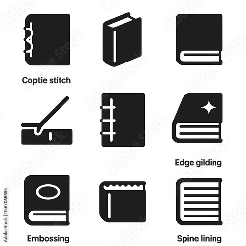 Bookbinding Icons Grid. Solid, filled icons set of bookbinding techniques: coptic stitch, case binding,