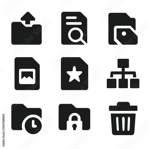 File Management Icons. Solid, filled icons set of file management tools: upload folder, search document,