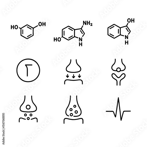 Neurotransmitter Icons Grid. Outline icon set of neurotransmitters and signaling: dopamine molecule, serotonin structure,