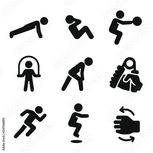 Martial Arts Workout Icons. Solid, filled icon set of body conditioning for martial arts: push-up form, sit-up crunch, kettlebell