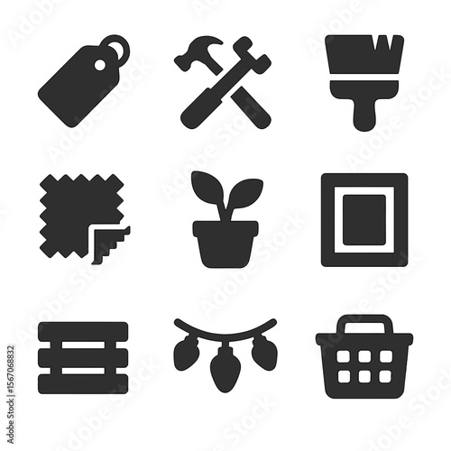 Budget Home Decor Icons. Solid, filled icons set of home decor on a budget: thrift store tag, DIY tools, paint