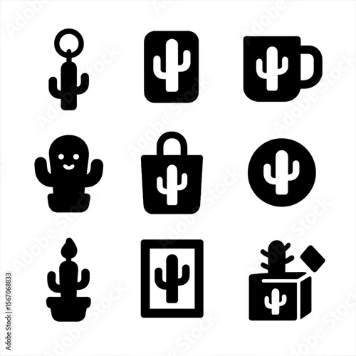 Cactus Souvenir Icons. Solid, filled icon set of cactus souvenirs and gifts: cactus keychain, cactus magnet, cactus mug, cactus