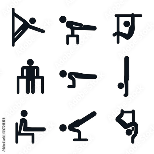 Calisthenics Icon Grid. Solid, filled icon set of calisthenics skills: human flag, front lever, back lever, muscle-up, planche,