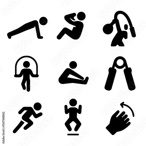 Martial Arts Workout Icons. Solid, filled icon set of body conditioning for martial arts: push-up form, sit-up crunch, kettlebell