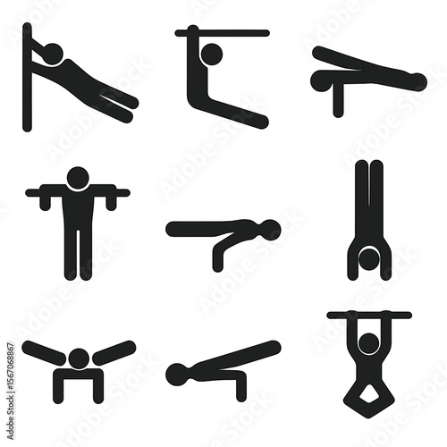 Calisthenics Icon Grid. Solid, filled icon set of calisthenics skills: human flag, front lever, back lever, muscle-up, planche,