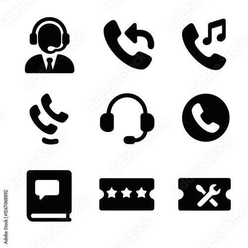 Call Center Icons. Solid, filled icon set of call center activities: customer service agent, call transfer, hold music, call queue