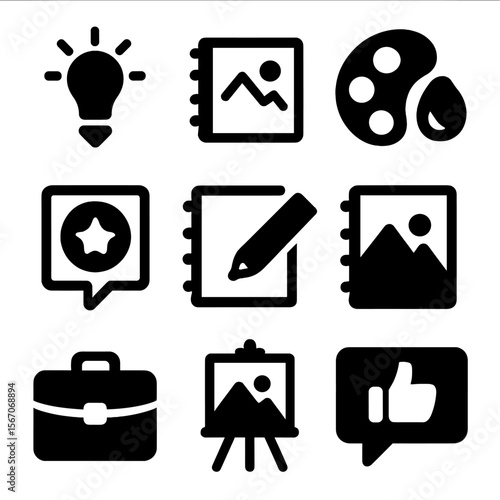 Creative Process Icons. Solid, filled icon set of sketchbook creative process: inspiration lightbulb, sketch draft, color mixing,