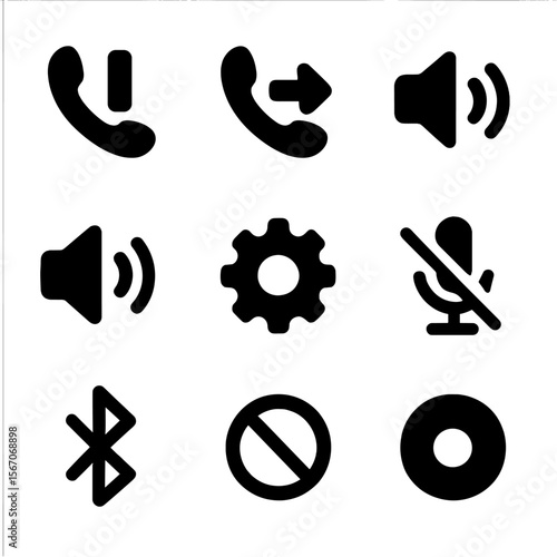 Call Settings Icons. Solid, filled icon set of call control and settings: call hold, call transfer, volume up, volume down, mute