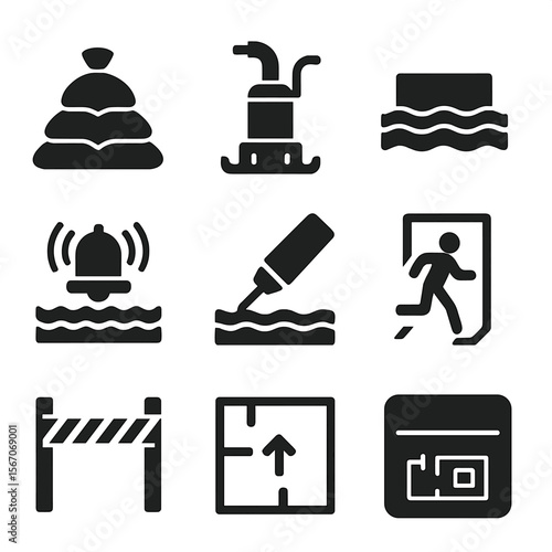 Flood Safety Icons. Solid, filled icons set of flooding and water damage prevention: sandbag, sump pump, drain