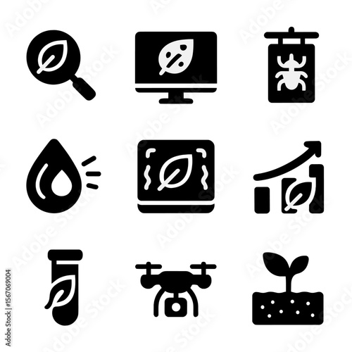 Crop Monitoring Icons. Solid, filled icon set of crop health monitoring: leaf scan, disease detection, pest trap, humidity sensor,