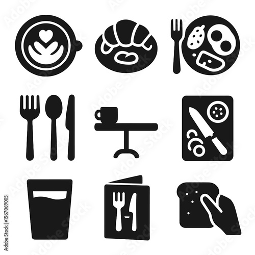 Food Icon Collection. Solid, filled icons set of food and café content creation: latte art, croissant plate,