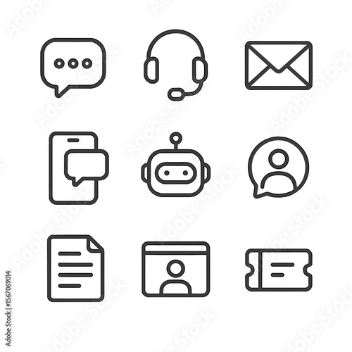 Omnichannel Support Icons. Outline icon set of omnichannel customer support: live chat bubble, phone headset, email envelope,