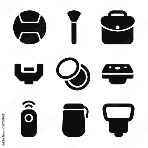 Camera Accessory Icons. Solid, filled icon set of camera accessories: lens cap, cleaning brush, camera case, hot shoe, filter kit,