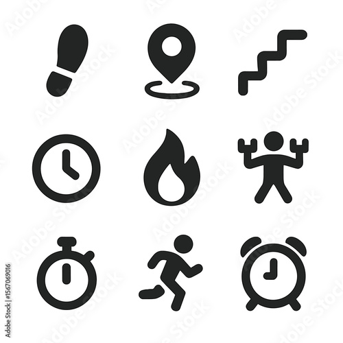 Activity Stats Icons. Flat icon set of activity summary stats: step count, distance traveled, floors climbed, active minutes,