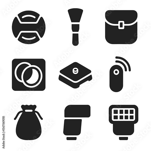 Camera Accessory Icons. Solid, filled icon set of camera accessories: lens cap, cleaning brush, camera case, hot shoe, filter kit,