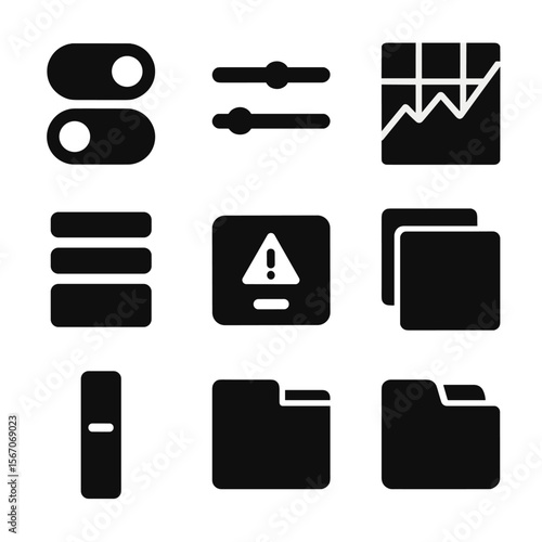 Maximalist UI Icons Grid. Solid, filled icon set of maximalist digital UI elements: toggle switches, slider knobs, chart grid,