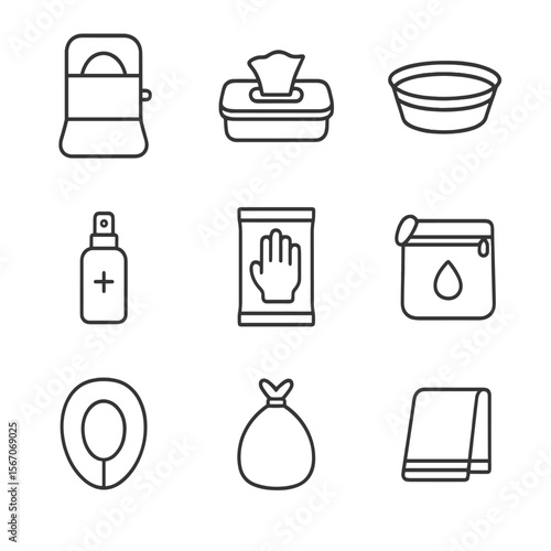 On-the-Go Baby Essentials. Outline icon set of on-the-go baby hygiene: portable changing pad, travel wipes case, foldable wash