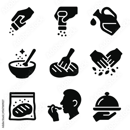 Culinary Actions Icons. Solid, filled icon set of seasoning actions: sprinkling salt, grinding pepper, pouring oil, mixing spices,