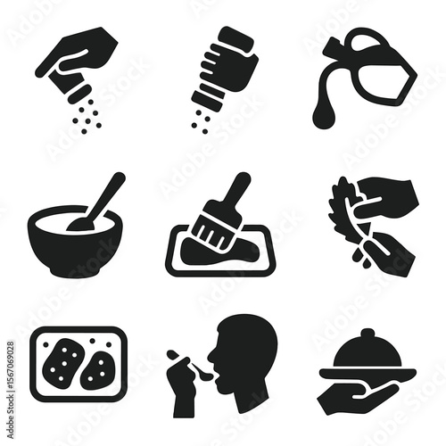 Culinary Actions Icons. Solid, filled icon set of seasoning actions: sprinkling salt, grinding pepper, pouring oil, mixing spices,