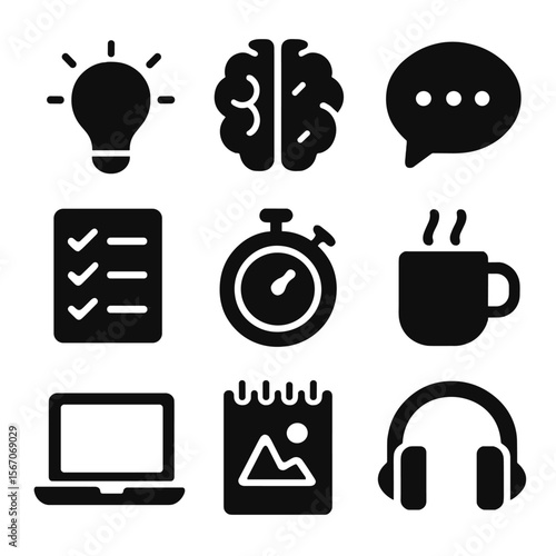 Creative Process Icons. Solid, filled icon set of creative process: light bulb, brain, idea bubble, checklist, timer, coffee cup,
