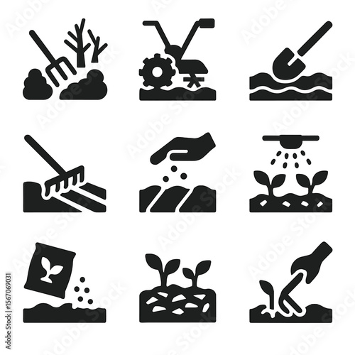 Crop Preparation Icons. Solid, filled icon set of crop preparation stages: land clearing, tilling, leveling, furrowing, seeding,