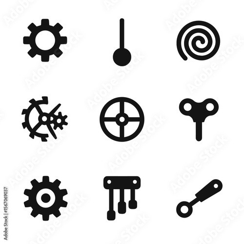 Mechanical Clock Parts. Solid, filled icon set of mechanical clock parts: gears, pendulum, mainspring, escapement, balance wheel,