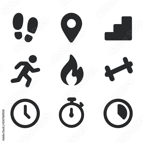 Activity Stats Icons. Flat icon set of activity summary stats: step count, distance traveled, floors climbed, active minutes,