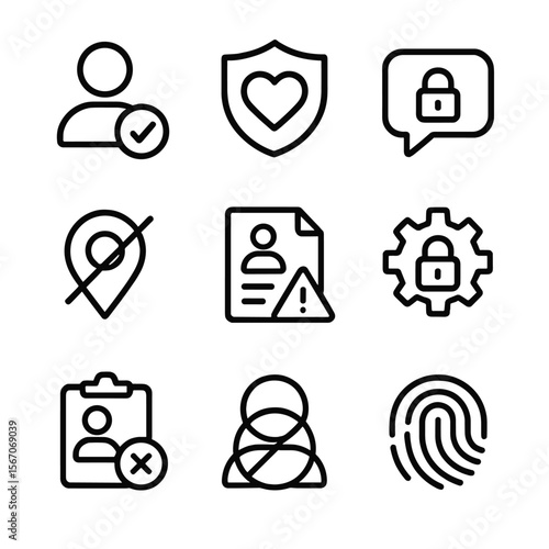 Online Dating Safety Icons. Outline icon set of online dating safety: profile verification badge, shield with heart, chat lock