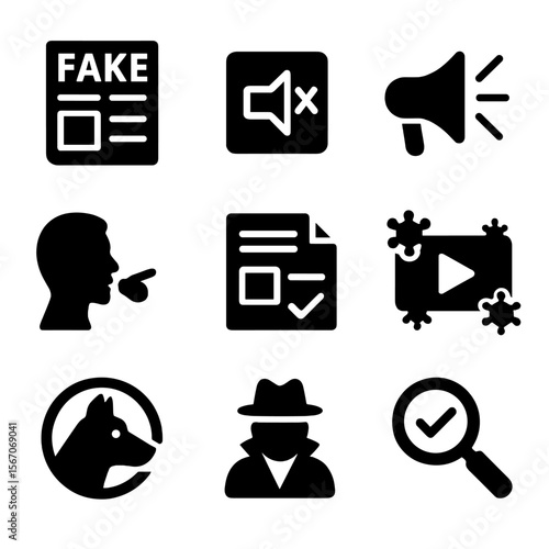 Media Bias Icons. Solid, filled icon set of Media bias and influence: fake news, censorship, propaganda, whistleblower, biased