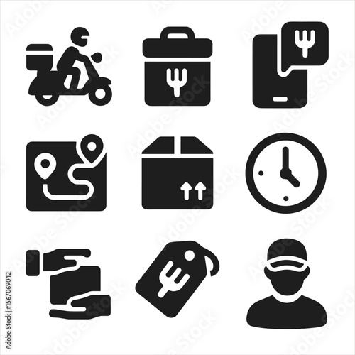 Food Delivery Icons. Solid, filled icons set of food delivery systems: courier scooter, thermal bag, app