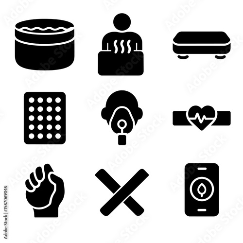 Body Resilience Tools Icons. Solid, filled icons set of body resilience training tools: cold plunge tub, heat
