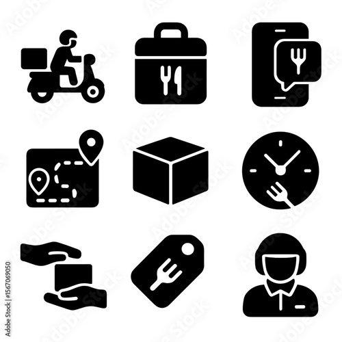 Food Delivery Icons. Solid, filled icons set of food delivery systems: courier scooter, thermal bag, app